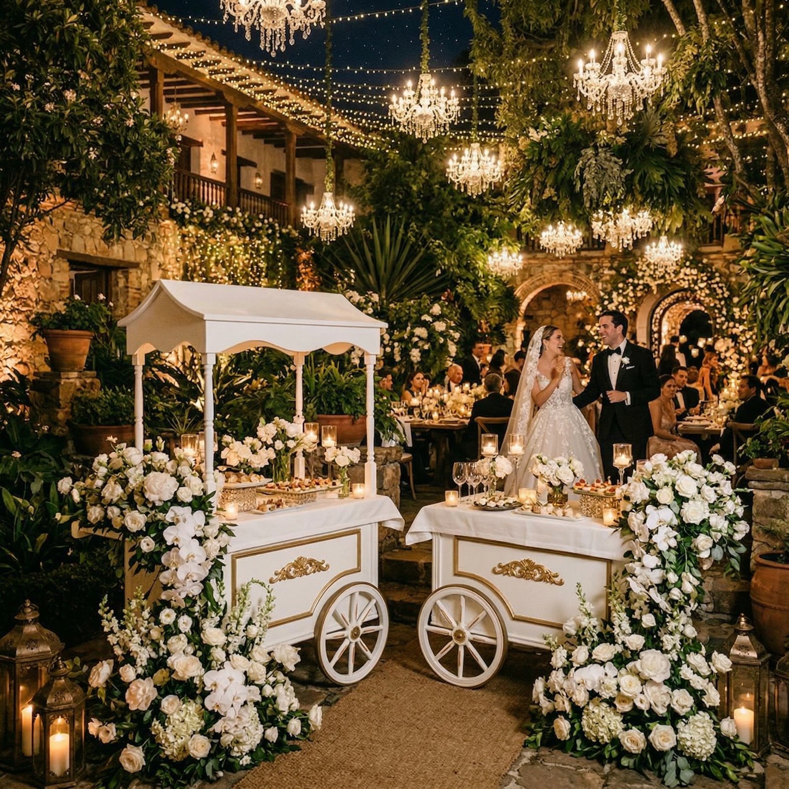 Carritos de comida elegantes en boda de lujo en Bogotá