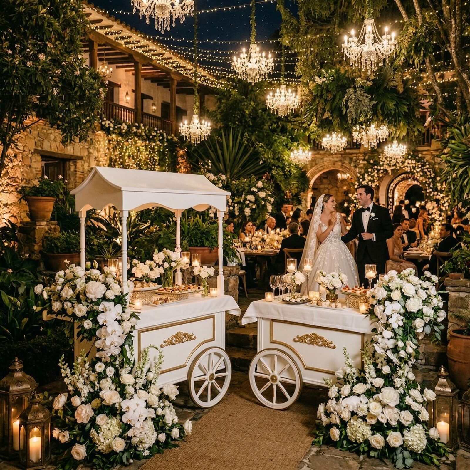 Carritos de comida elegantes en una boda de lujo en Bogotá