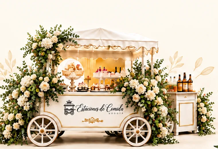 Carrito de comida decorado con flores, listo para el evento