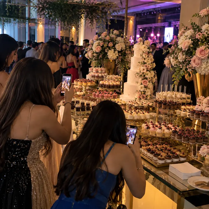 Mesa de postres y candy bar de una quinceañera