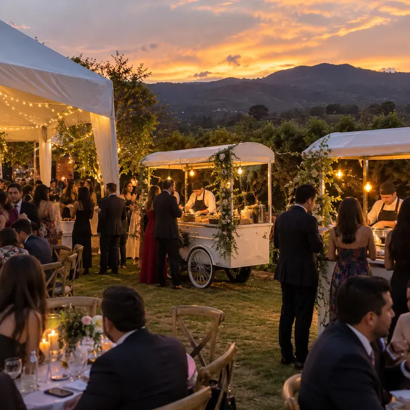 Carrito de comida iluminado en una fiesta en jardín