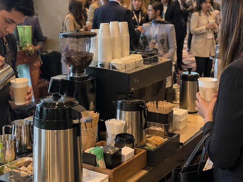 Estación de café para eventos servida en un evento en Bogotá
