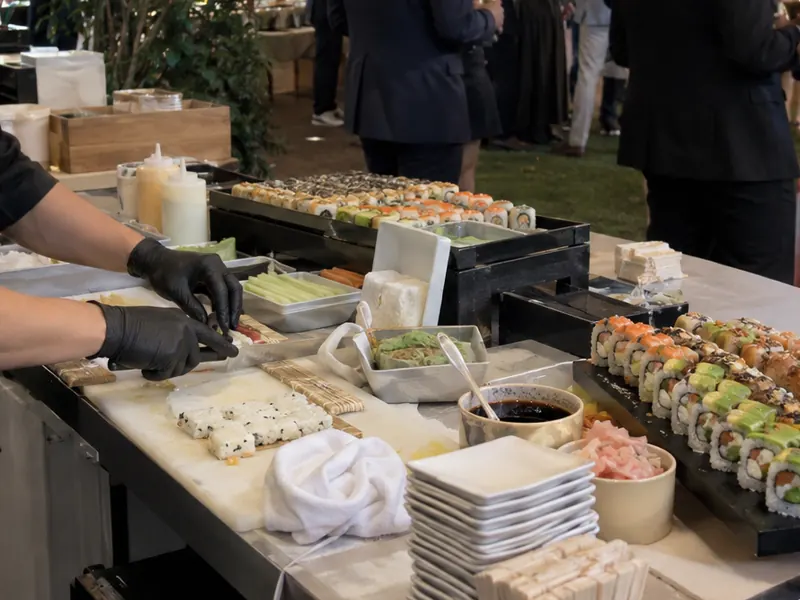 Estación de sushi para eventos servida en un evento en Bogotá