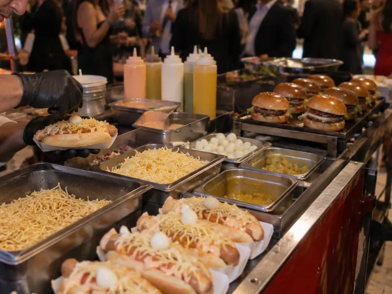 Estación de perros y hamburguesas para eventos servida en un evento en Bogotá