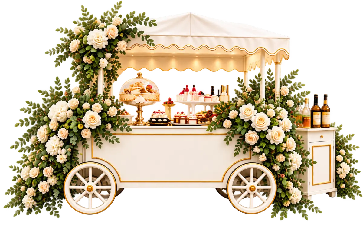 Carrito de comida blanco decorado con rosas y follaje, con postres y bebidas